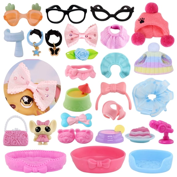 Random 15PCS Accessories Set for Little Pet Figure Toys,Random Clothes Shoes Bow Neckalce Sofa TV Chair Doghouse and More Accessories