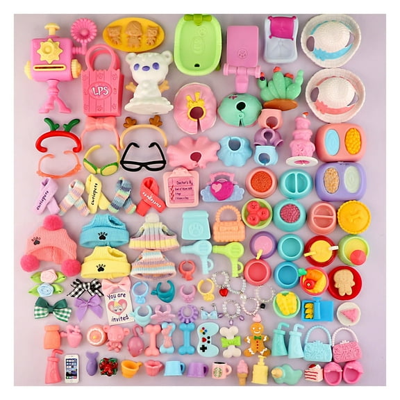 Random 25pcs Accessories compatible with LPS, Miniature Bow Dress Skirt Hat Scarf Glasses Wings Food and Drink Clothes Phone Tablet Outfit compatible with LPS Fans Collie Cat Dogs Deer Rabbit Ferret