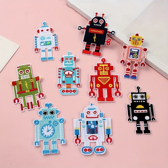 Random 4-pack of fashionable cartoon robot embroidered cloth patches | 4-pack of decorative patches for clothing, bags, and hats | DIY creative repair subsidies