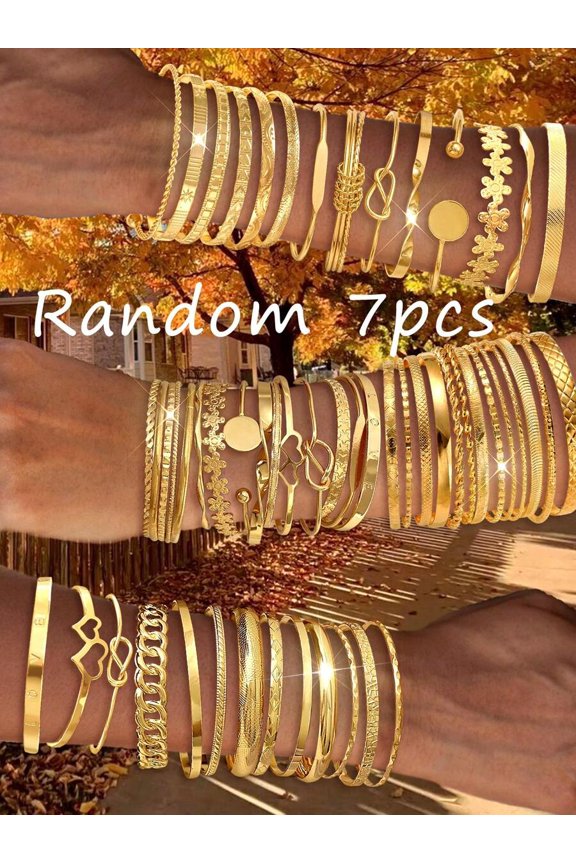 Random 7 Pieces 7-Piece Bohemian Layered Bracelet Set With Daisies Hearts