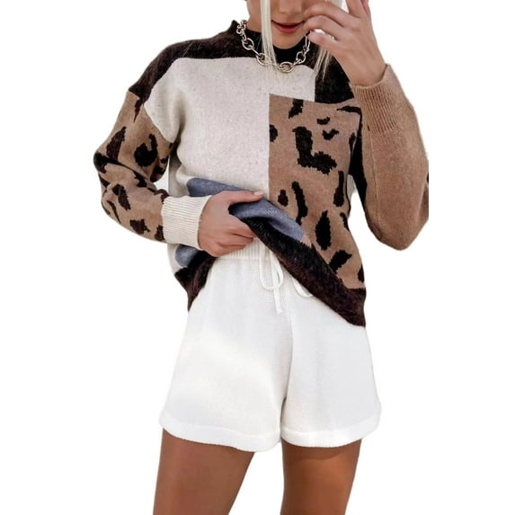 Random Color Block Leopard Sweater Brown Large