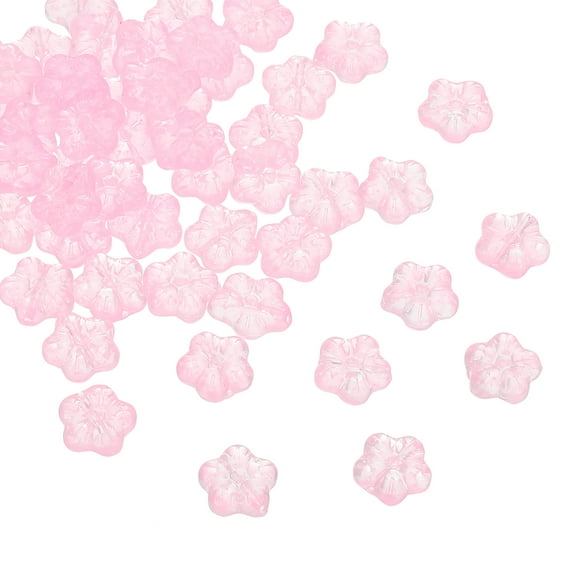 Random Glass Flower Beads Transparent Floral Beads Hibiscus Beads Light Pink 50Pack