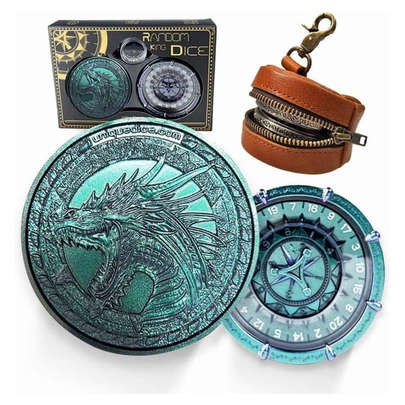 Random King Metal Dice Spinner Set, 7-in-2 Dual-Spin D20 Fidget Dice with Pocket Case, Dragon-Theme Roulette Dice for Dungeons & Dragons RPG Gifts