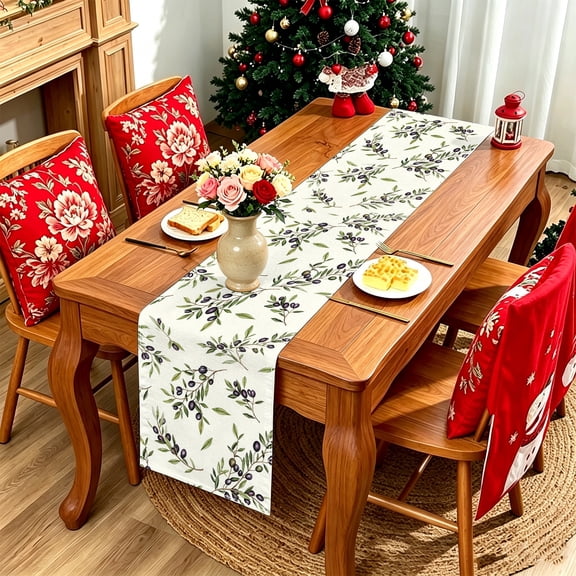 Random Olive Twig & Dark Berry 2D Flat Print Polyester Table Runner, Kitchen Table Decor, Rustic Farmhouse Table Decor, 13x48/13x70/13x108 inch
