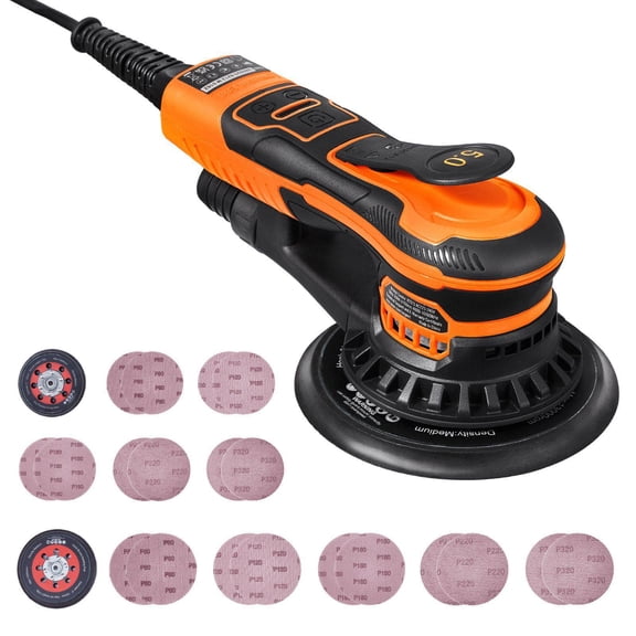 Random Orbital Sander 5 and 6 Inch 350W Brushless 10000 RPM 6 Speed Electric Palm Sander with 20 Sandpapers Dust Connector Hose for Woodworking Detailing Sanding