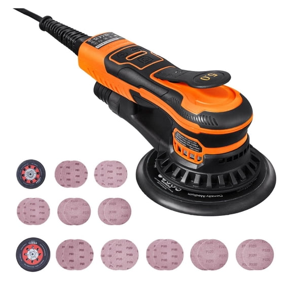 Random Orbital Sander 5 & 6 Inch, 350W Brushless Palm Sander, 10000 RPM Variable Speed Electric Sander with 20 Sandpapers & Dust Collection for Woodworking
