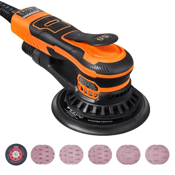 Random Orbital Sander 6 Inch 350W Brushless 10000 RPM Variable Speed Electric Palm Sander with 10 Sandpapers Dust Connector Hose for Woodworking Detailing Sanding