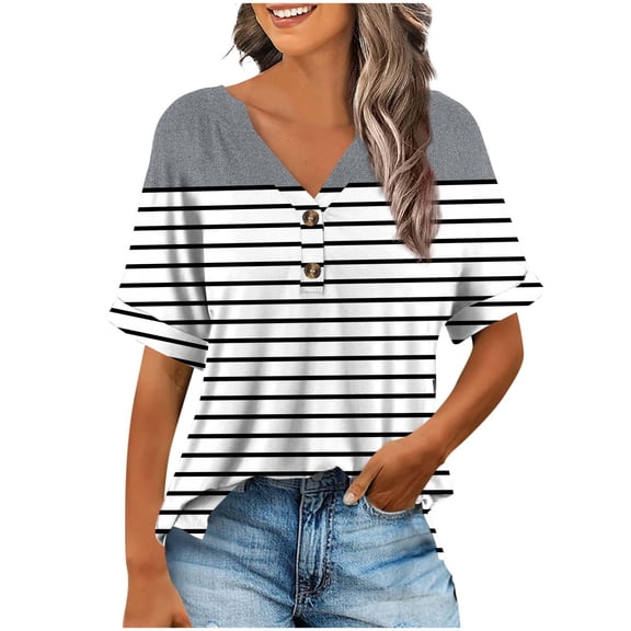 Random Print Women's V-Neck T-Shirt, Loose Fit Short Sleeve Top with Button Detail for Casual Wear