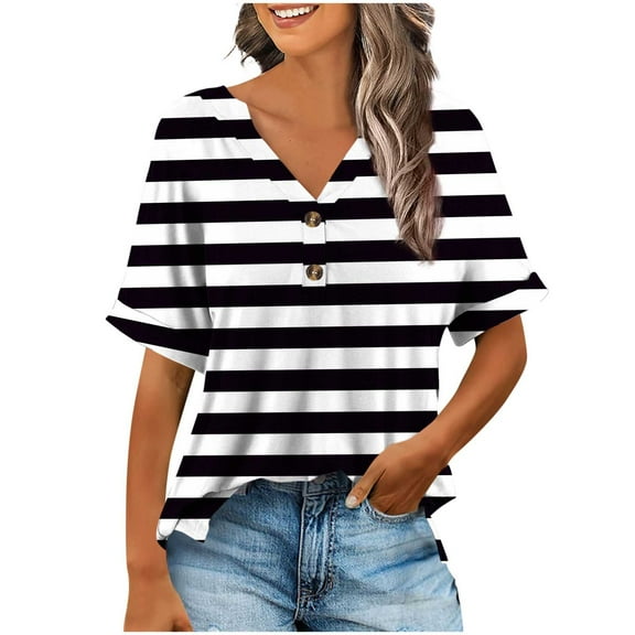 Random Print Women's V-Neck T-Shirt, Loose Fit Short Sleeve Top with Button Detail for Casual Wear