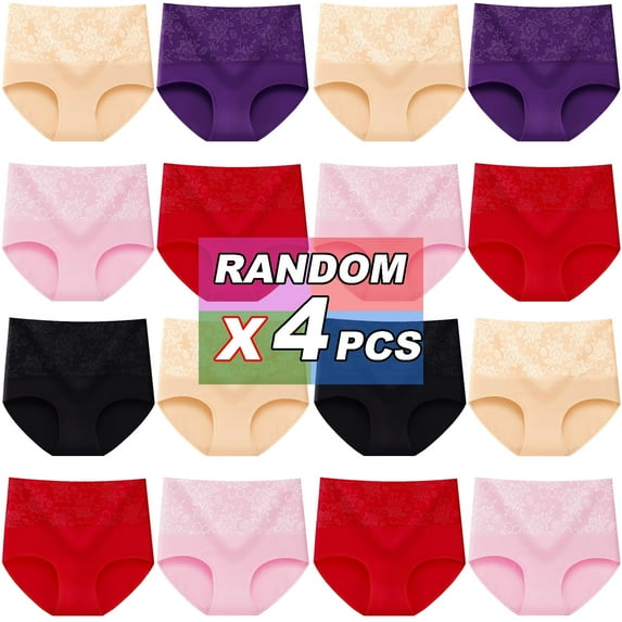 Random color 4PCS women's cotton underwear, high-waisted full-coverage underwear, postpartum soft and breathable underwear, elastic underwear