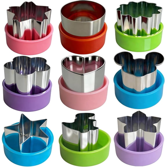 Random colors Generic9PCS Mini Cookie Cutters Set for Kids,1.5In Small Stainless Steel Sandwich Food Cutter Shapes,Fun Shaped Tiny Dinosaur Heart Star Circle Flower Mold for Lunch,Fruit,Vegetable