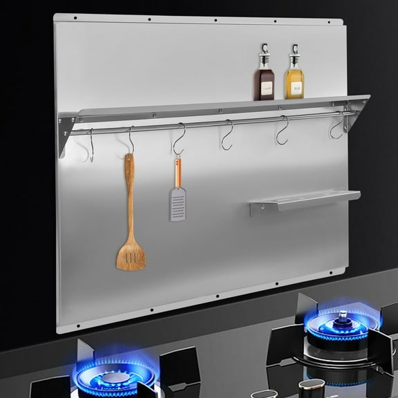 Range Backsplash with Shelf 36x 29.5 Inch Range Hood Wall Shield, Stainless Steel Backsplash Silver Splash Plate for Range Hood Stainless Backsplash with Built-in Storage Shelf and Hanging Rack