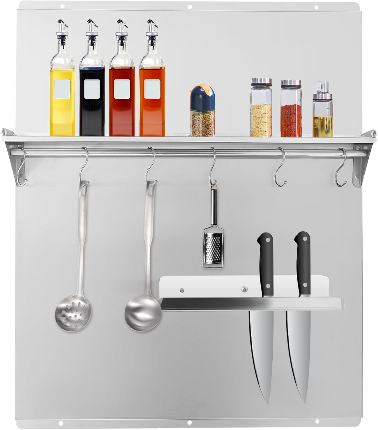 Range Backsplash Stainless Steel Backsplash w/Shelf&6 Hooks 24"x30" Range Hood Backsplash for Home Commercial Kitchen Silver