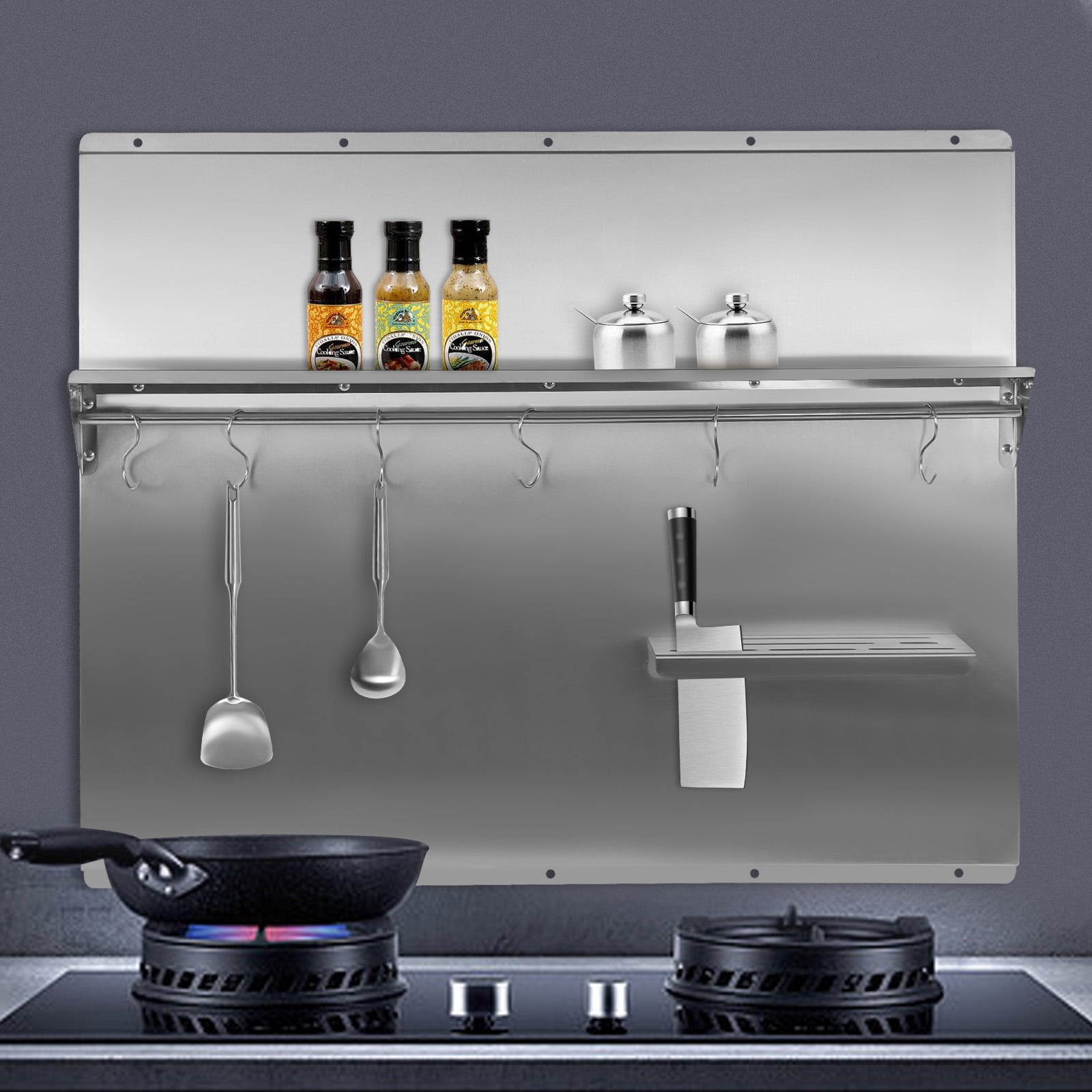 Range Backsplash with Shelf Range Hood Wall Shield Stainless Steel Backsplash Silver