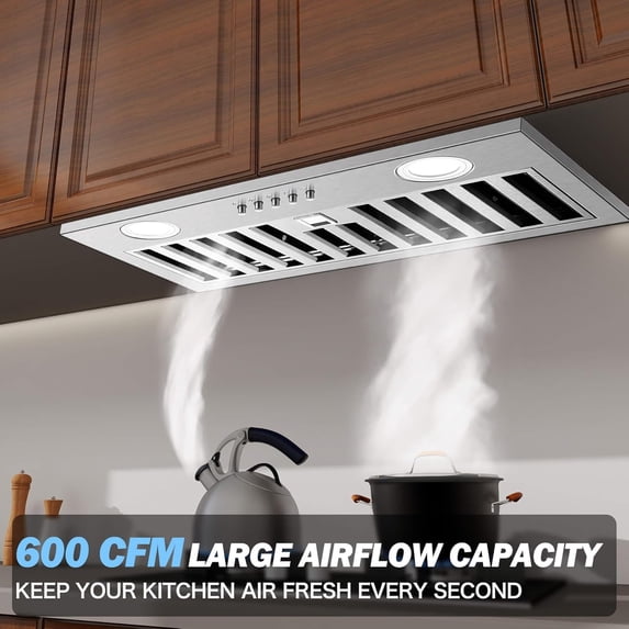 Range Hood 20 inch Built in Range Hood 600 CFM Vent 3-Speed Non-Ducted Integrated Cabinet Ducted/Ductless Convertible Ultra-Quiet Built-in Kitchen Exhaust Hood with Dishwasher-Safe Filter, 3-Speed