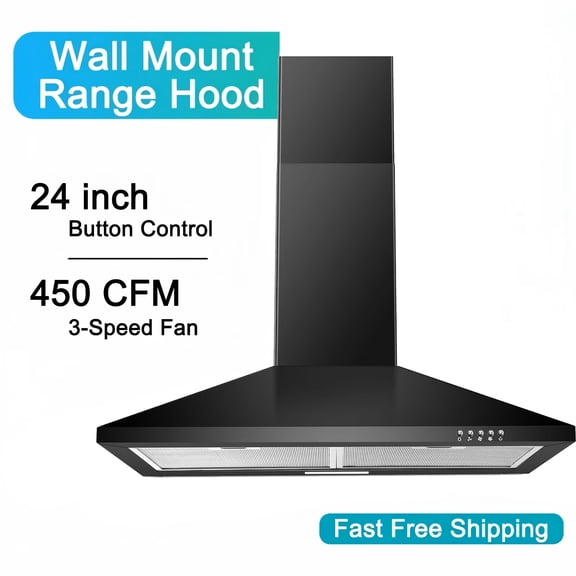 Range Hood 24 inch Wall Mounted Range Hood in Stainless Steel Convertible Stove Vent Hood 3 Speed black