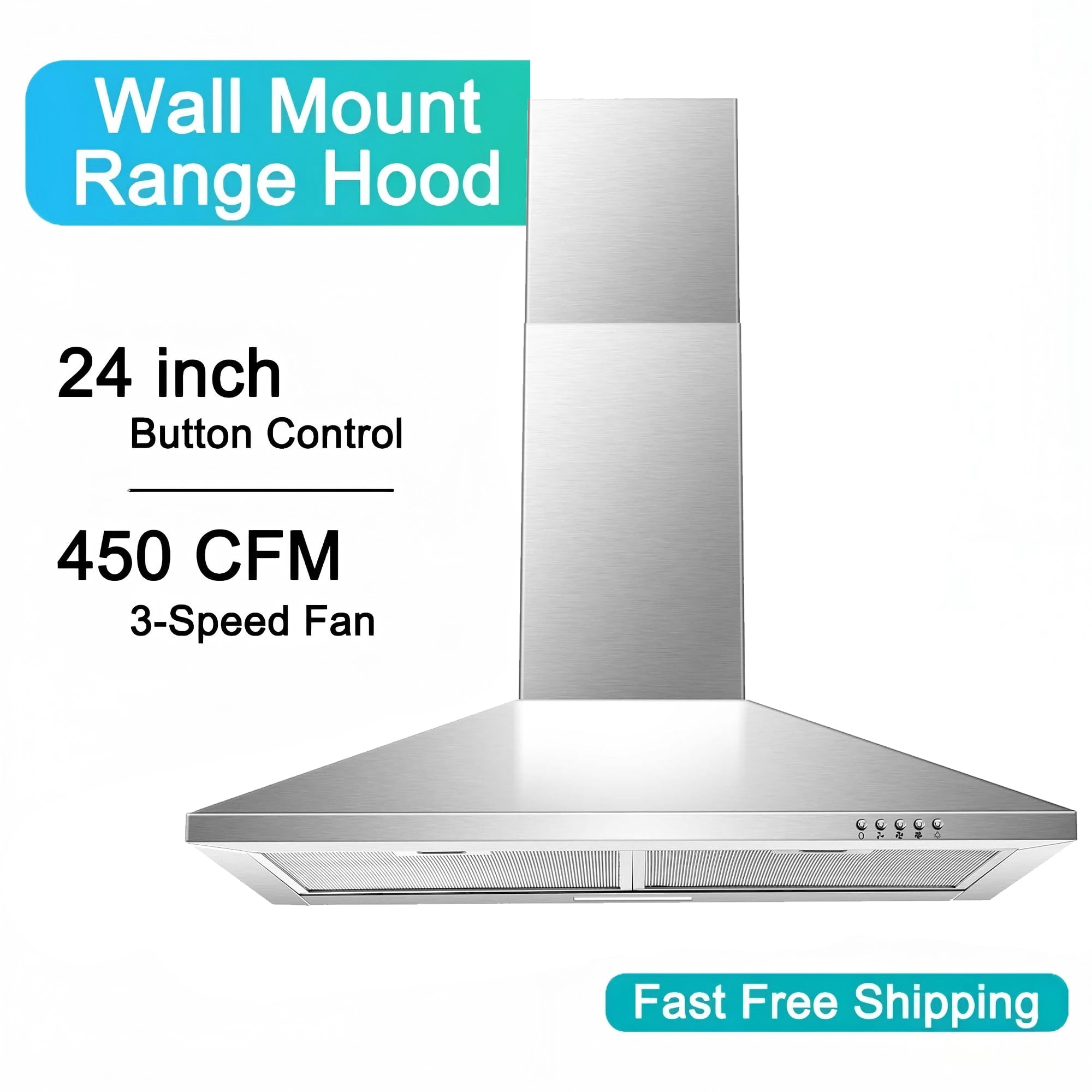 Range Hood 24 inch Wall Mounted Range Hood in Stainless Steel Convertible Stove Vent Hood 3 Speed Exhaust Fan,LED Light,Button Control