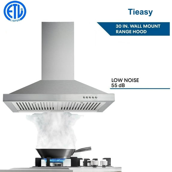 Range Hood 30 inch 350 CFM Wall Mount Stainless Steel Stove Cook Vent Hood Tiesay Range Hood, Range Hoods 30 inch Stainless Steel, 450 CFM Kitchen Hood with LED Light Baffle Filters, 3 Speed Exhaust