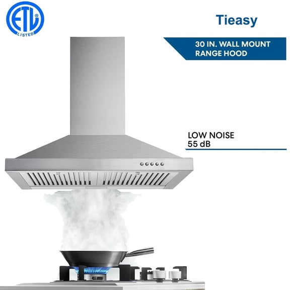 Range Hood 30 inch 350 CFM Wall Mount Stainless Steel Stove Cook Vent Hood Tiesay Range Hood, Range Hoods 30 inch Stainless Steel, 450 CFM Kitchen Hood with LED Light Baffle Filters, 3 Speed Exhaust