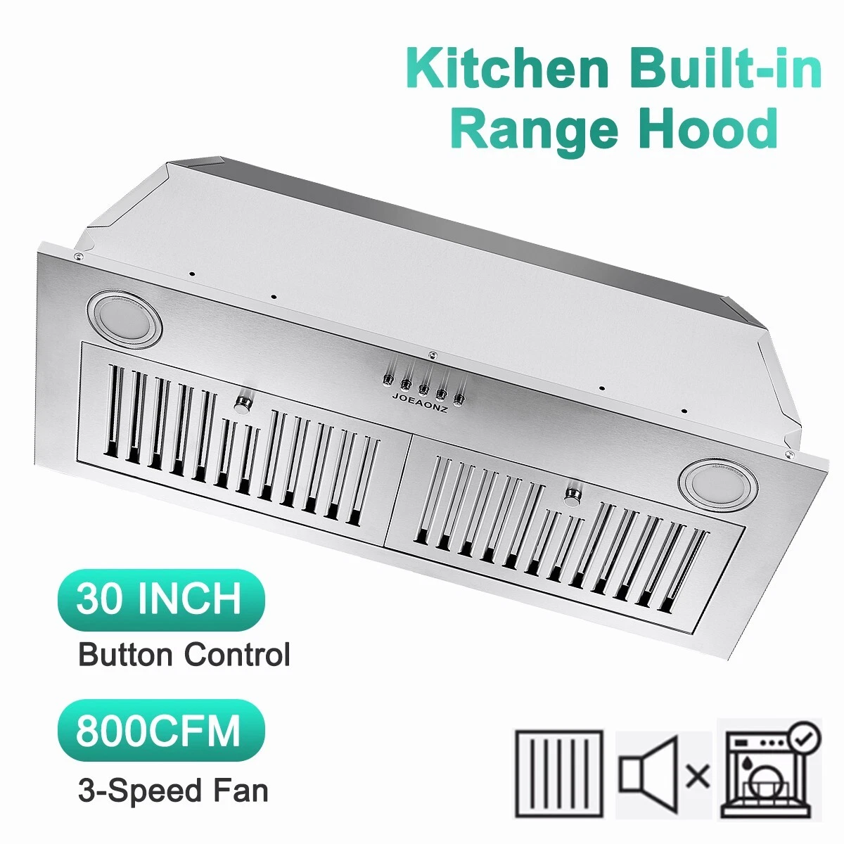 Range Hood 30 inch Built-in Insert Cooker Hood 600CFM Powerful Exhaust Vent Fan Built-in Kitchen Stove Hood w/Front Button Controls and Front LED Lights,Baffle Filters,Ducted/ductless Convertible Duc