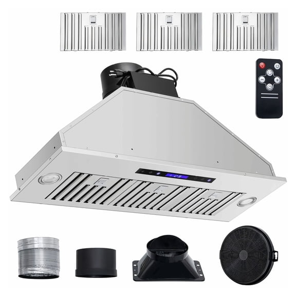 Range Hood 36 Inch, 900 CFM Stainless Steel Kitchen Vent with Touch & Remote Control, LED Lights, Convertible Ductless Filter, ETL Listed