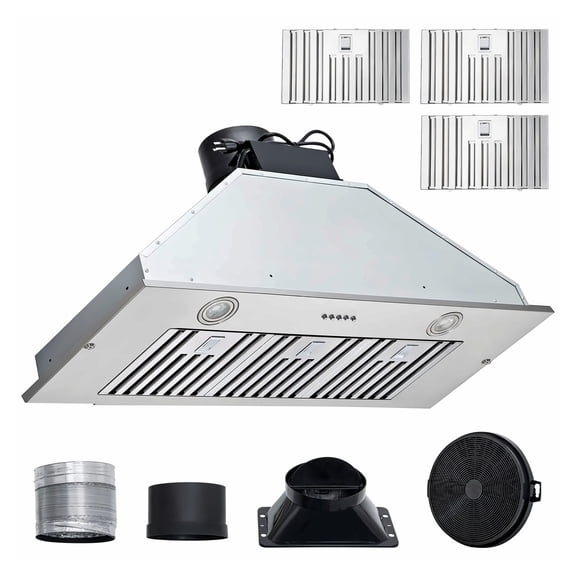Range Hood 36 Inch Stainless Steel, 800 CFM Kitchen Vent - 3 Speed Push Button, LED Lights, Baffle Filters, Ductable/Ductless, ETL Listed