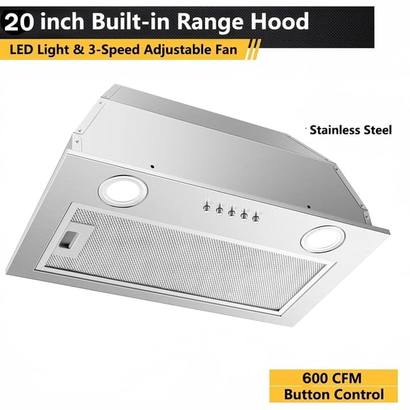 20 Inch Range Hood Insert 20 Inch, Built-in Kitchen Hood 600CFM, Ducted/Ductless Convertible, Vent Hood Insert w/Mesh Filter, Push Button Control, Stainless Steel Range Hood w/ 3 Speed Fan