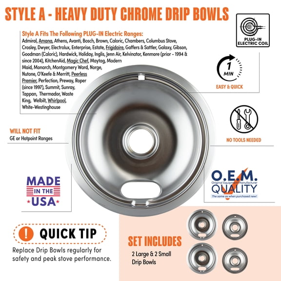 Range Kleen 119204XN Style B, Chrome 4 Piece Drip Bowl, 2 Large and 2 Small