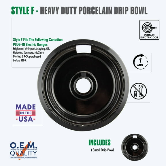 Range Kleen Black Porcelain, 1 Small Drip Bowl, Style "F".  Fits Canadian Plug-In Electric Ranges.