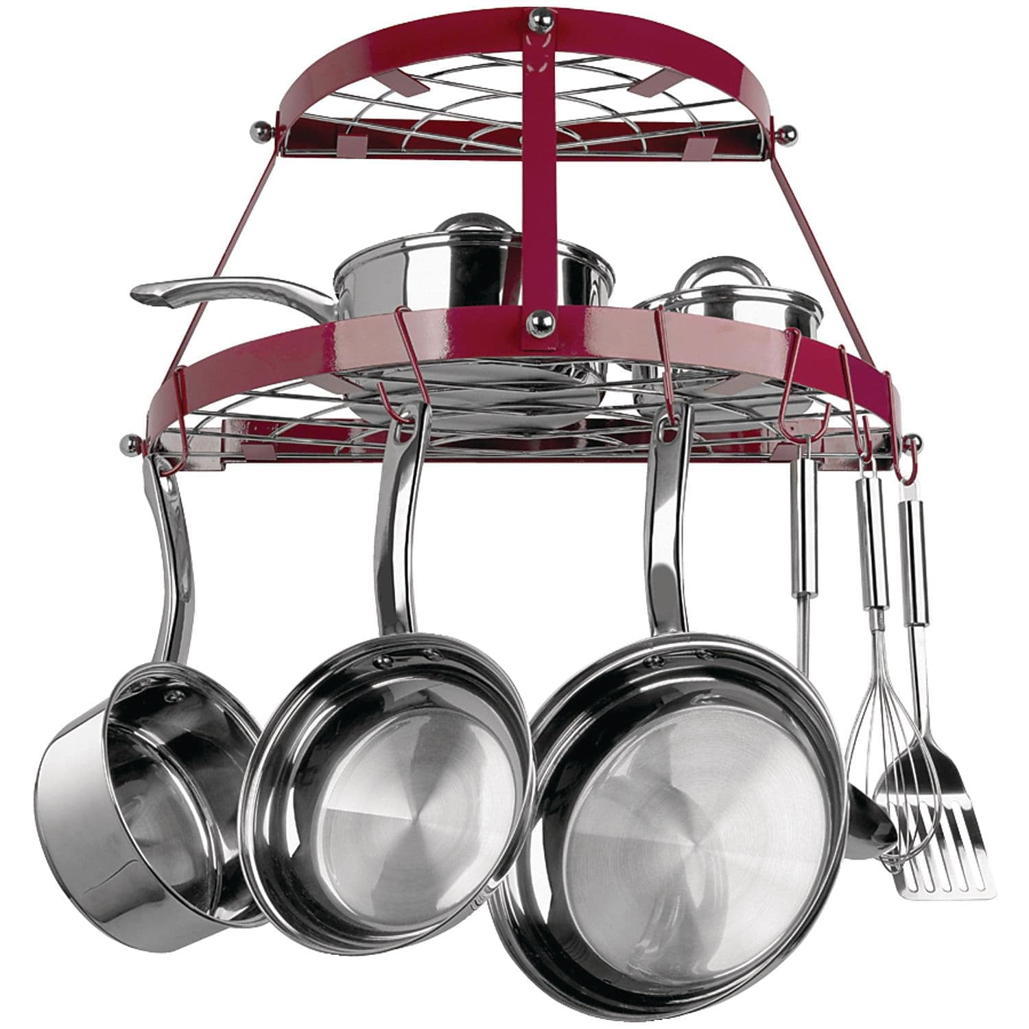 Red Enameled Double Shelf Wall Mounted Pot Rack