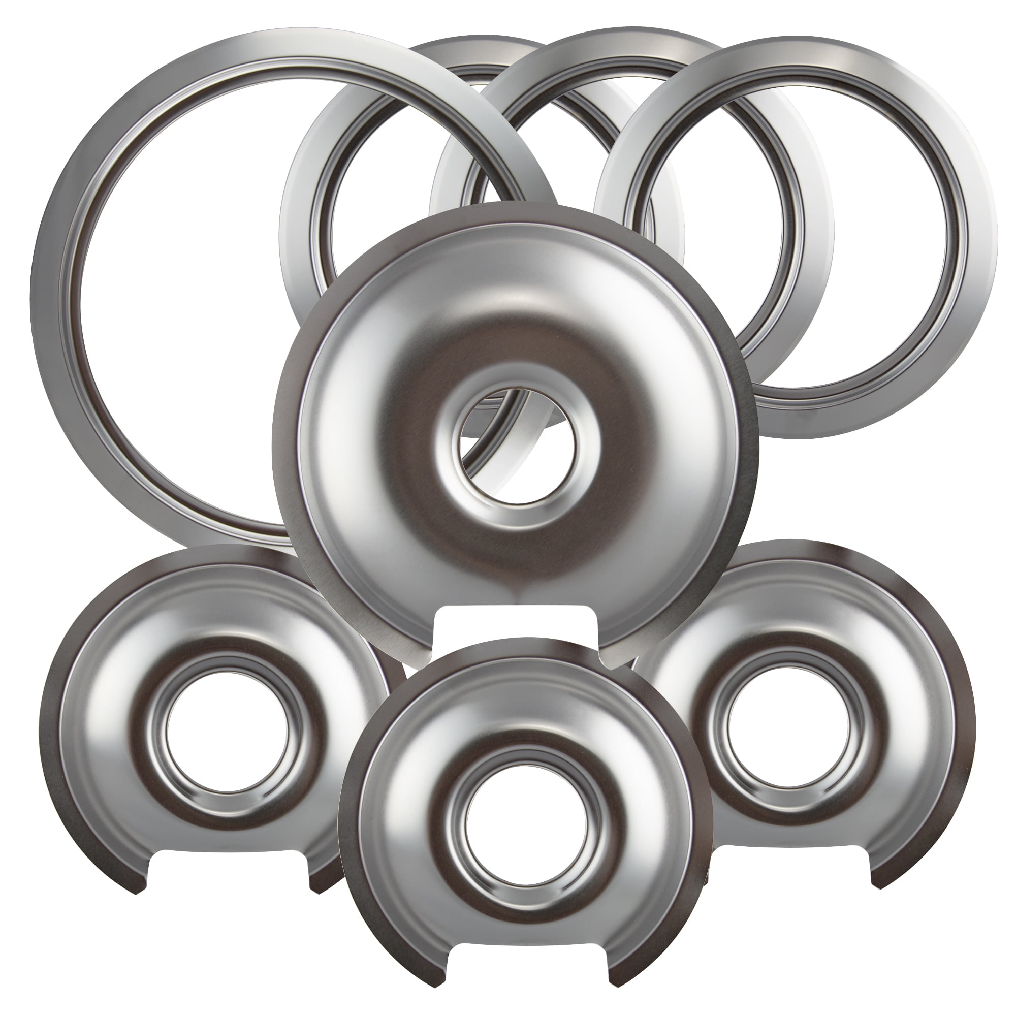 Range Kleen Style D Heavy Duty Chrome Drip Pans and Trim Rings Set, 8 Pack 3 small and 1 large