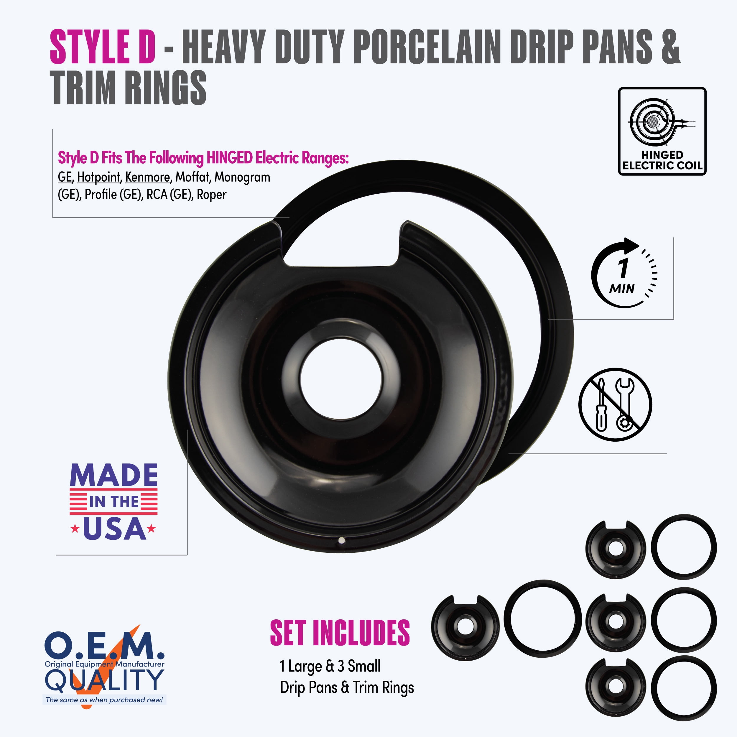 Range Kleen P1056RGE8Z Drip Pan & Trim Ring Black Porcelain, 3 Small & 1 Large each, 8 Pk