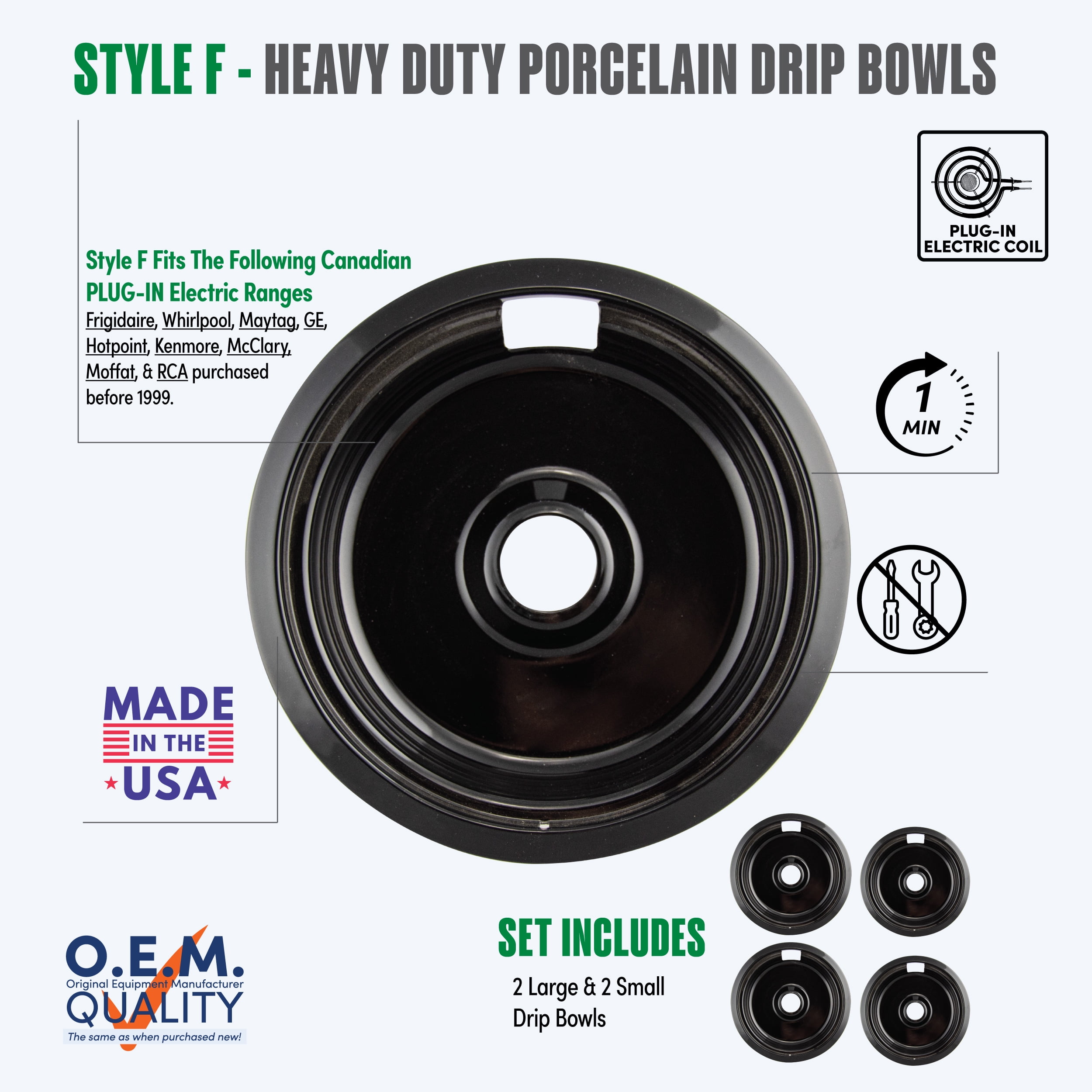 Range Kleen P109104XH Heavy Duty Style F Black Porcelain Drip Bowls, 2 Large and 2 Small