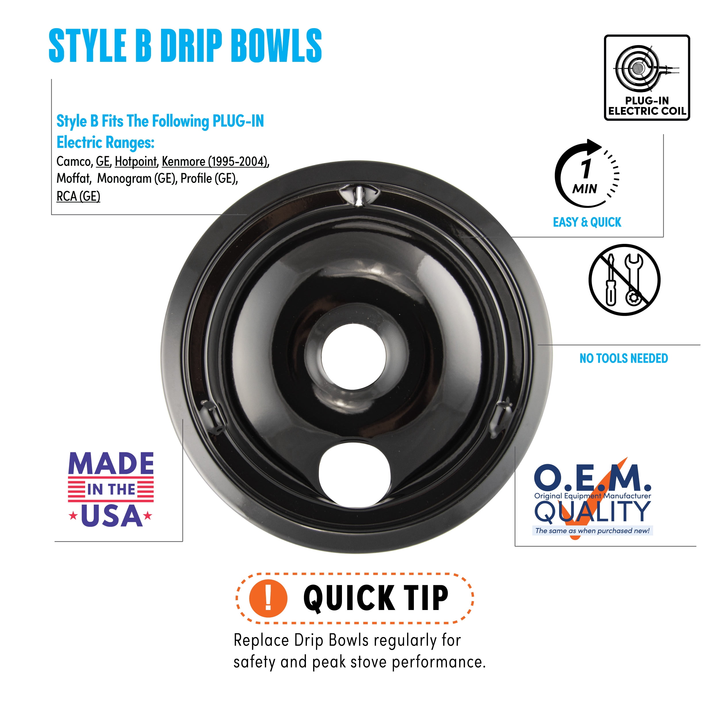 Range Kleen P119204XN Style B Black Porcelain Drip Bowls, 4 Pack