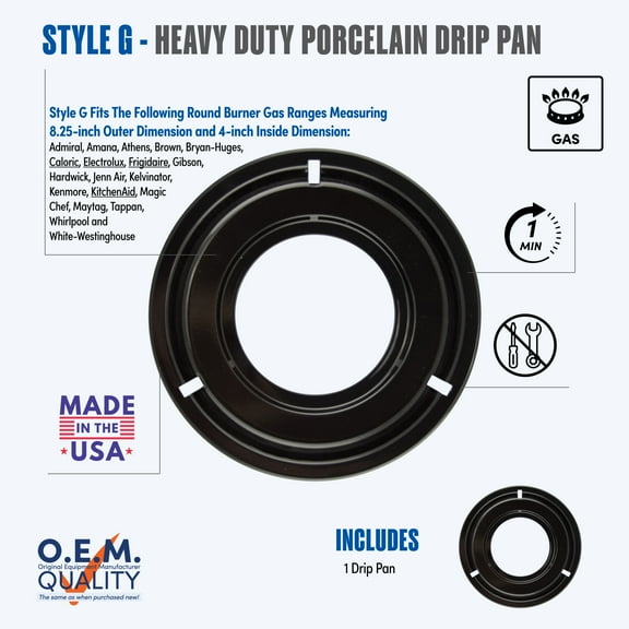 Range Kleen Style G, Round Drip Pan Black Porcelain, 8.25 inch, Single Pack