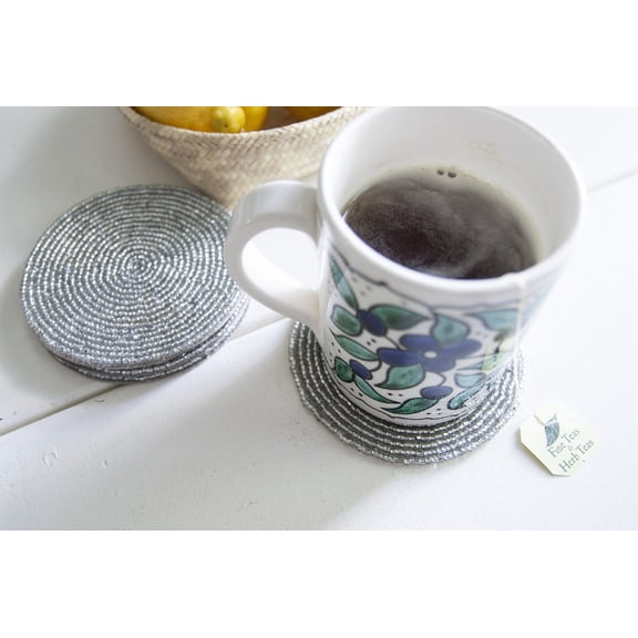Rangeene Handmade Beaded Multipurpose Non-Slip Circle Coaster; Fits All Cup Sizes; Silver; Pack of 6