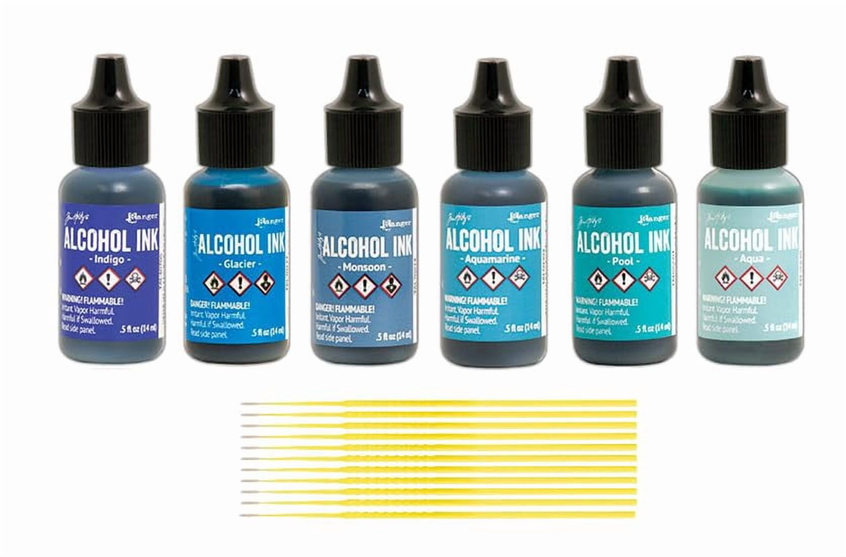 Ranger Alcohol Inks Set Bundles - 6 Bottles of Tim Holtz Alcohol Inks with Trebbies Fine Detail Sticks (Shades of Blue)