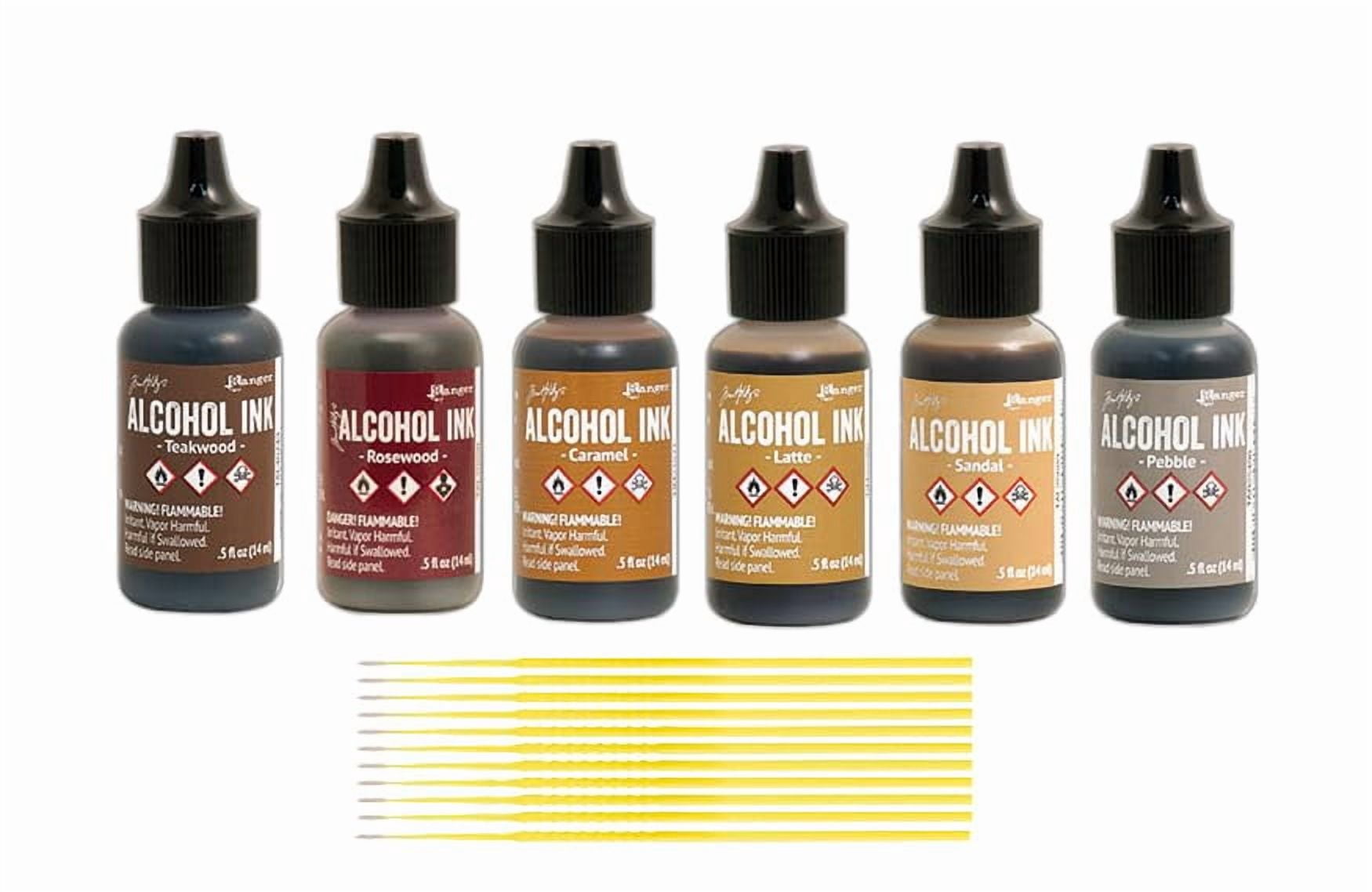 Ranger Alcohol Inks Set Bundles - 6 Bottles of Tim Holtz Alcohol Inks with Trebbies Fine Detail Sticks (Shades of Brown)