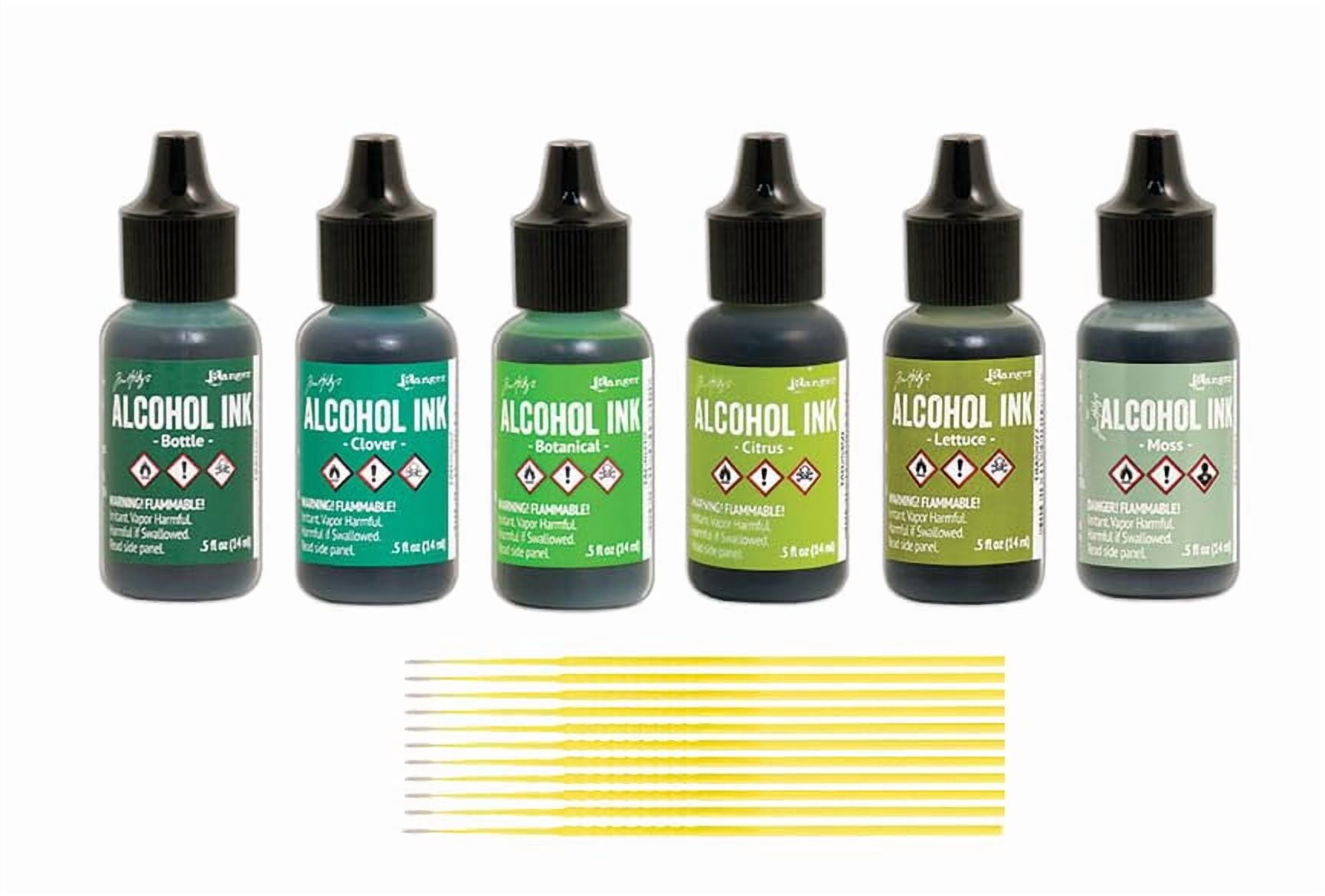 Ranger Alcohol Inks Set Bundles - 6 Bottles of Tim Holtz Alcohol Inks with Trebbies Fine Detail Sticks (Shades of Green)