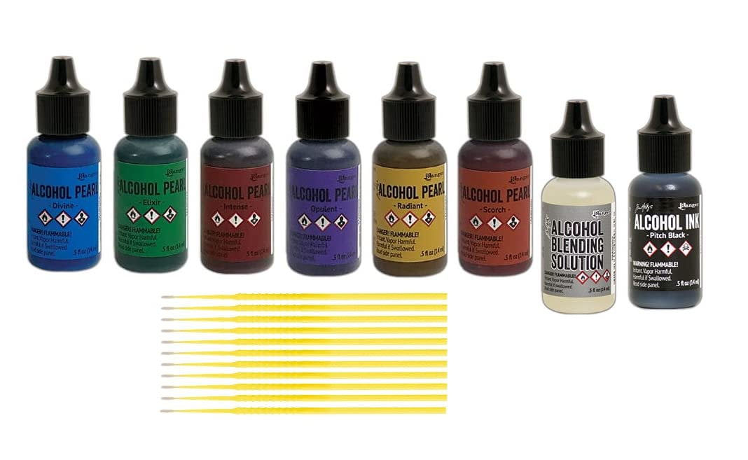 Ranger Alcohol Pearls Bundle - Divine, Elixir, Scorch, Intense, Opulent, Radiant with Pitch Black Alcohol Ink, Blending Solution - with Trebbies Detail Sticks