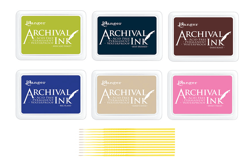Ranger Archival Ink February 2026 Release, 6 Full Size Pad Colors, Avocado Toast, Best Dressed, Big Plans, Dark Roast, Sand Castle & Sweet Treat with Trebbies Detail Sticks
