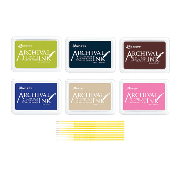 Ranger Archival Ink February 2026 Release, 6 Full Size Pad Colors, Avocado Toast, Best Dressed, Big Plans, Dark Roast, Sand Castle & Sweet Treat with Trebbies Detail Sticks