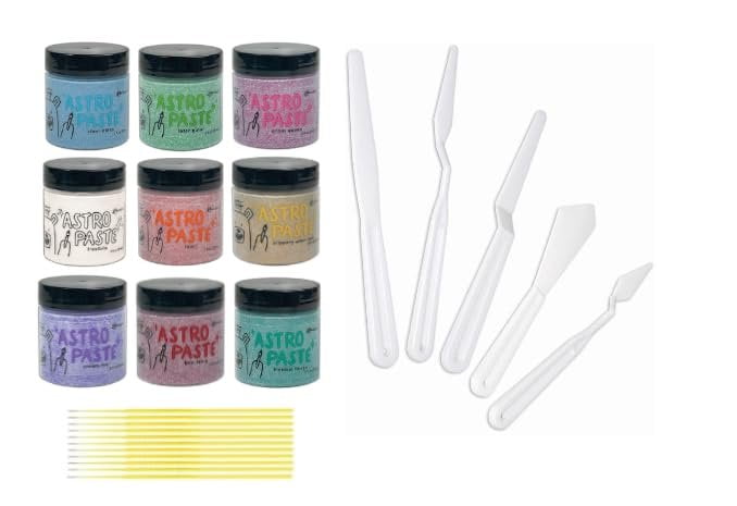 Ranger Astro Paste Bundle - Simon Hurley Sparkling Astro Paste Full Collection of Sparkling Colors - with 5 Palette Knives and 10 Trebbies Fine Detail Sticks