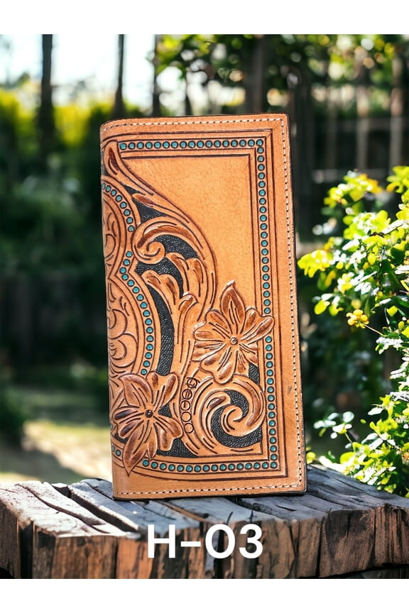 Ranger Belt Company H-03 Ladies Long Rodeo Style Brown Wallet Tooled Floral Leather with Painted Turquoise Studs