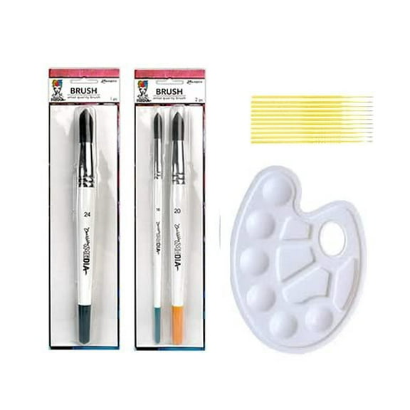 Ranger Dina Wakley Media Brush Bundle - 3 Round Top Brushes #16, #20, #24 with Trebbies Paint Palette - with Trebbies Detail Sticks