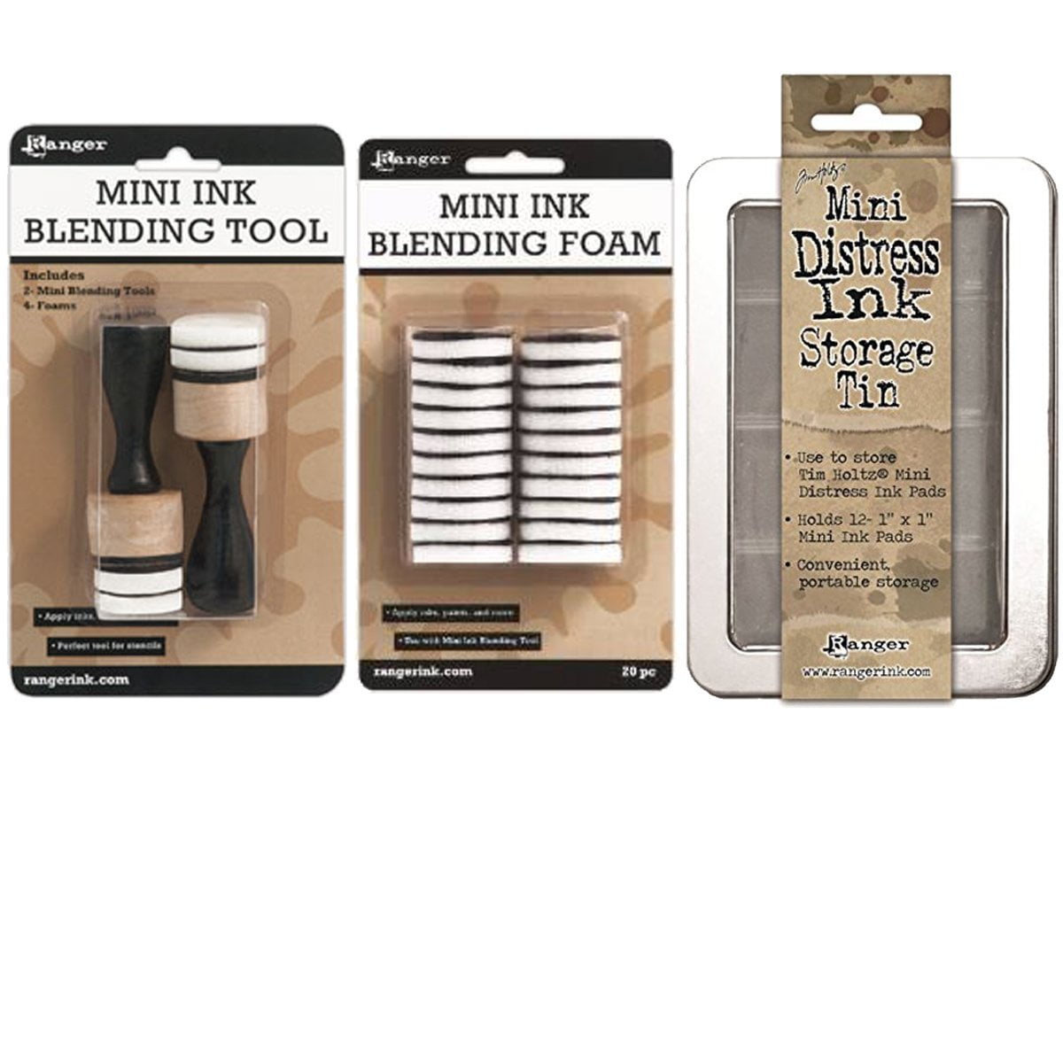 Ranger Mini Ink 1 Inch Blending Tool, Ranger 1-inch Ink Round Ibt40965 Blending Replacement Foams, Mini, 20-pack, and Mini Distress Ink Storage Tin Bundle of 3