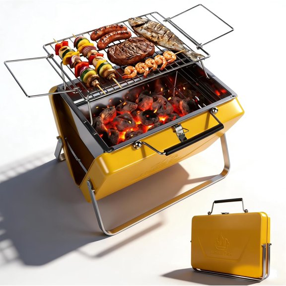 Ranger Portable Charcoal Grill Compact LunchboxStyle Folding BBQ for Camping, Beach & Tailgating | DualZone Heating, Stainless Steel Body, Quick Setup, Includes Tong & Cleaning Brush