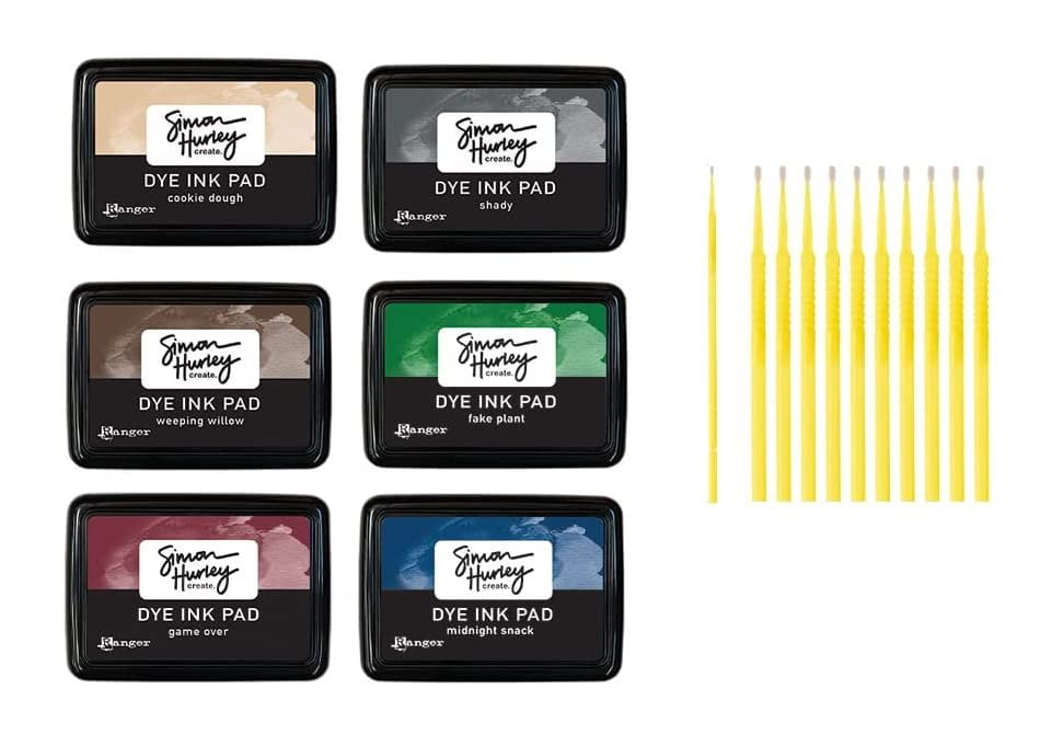Ranger Simon Hurley Create Dye Ink Pad Set - Complete 6 Color Collection - Ideal for Stamping and Lettering - with Trebbies Detail Sticks