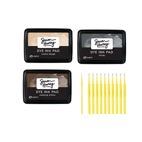 Ranger Simon Hurley Create Dye Ink Pad Set - Cookie Dough, Shady, and Weeping Willow - Ideal for Stamping and Lettering - with Trebbies Detail Sticks