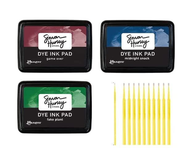 Ranger Simon Hurley Dye Ink Pad Bundles with TreBBies Fine Detail Sticks (Fake Plant, Game Over, Midnight Snack)